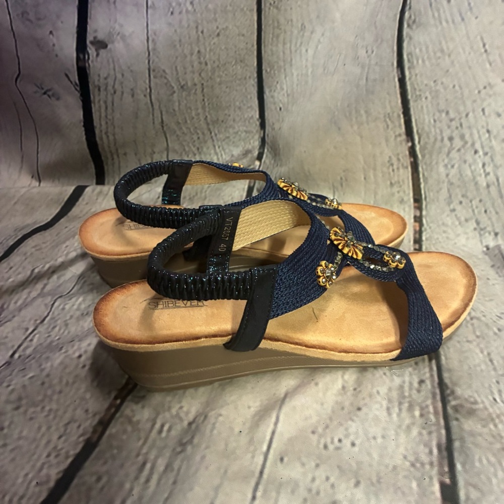 SHIBEVER Glitter Sandals‎ WMS 40 Rhinestone Casual Open Toe Wedge Slingback Blue - Picture 3 of 10